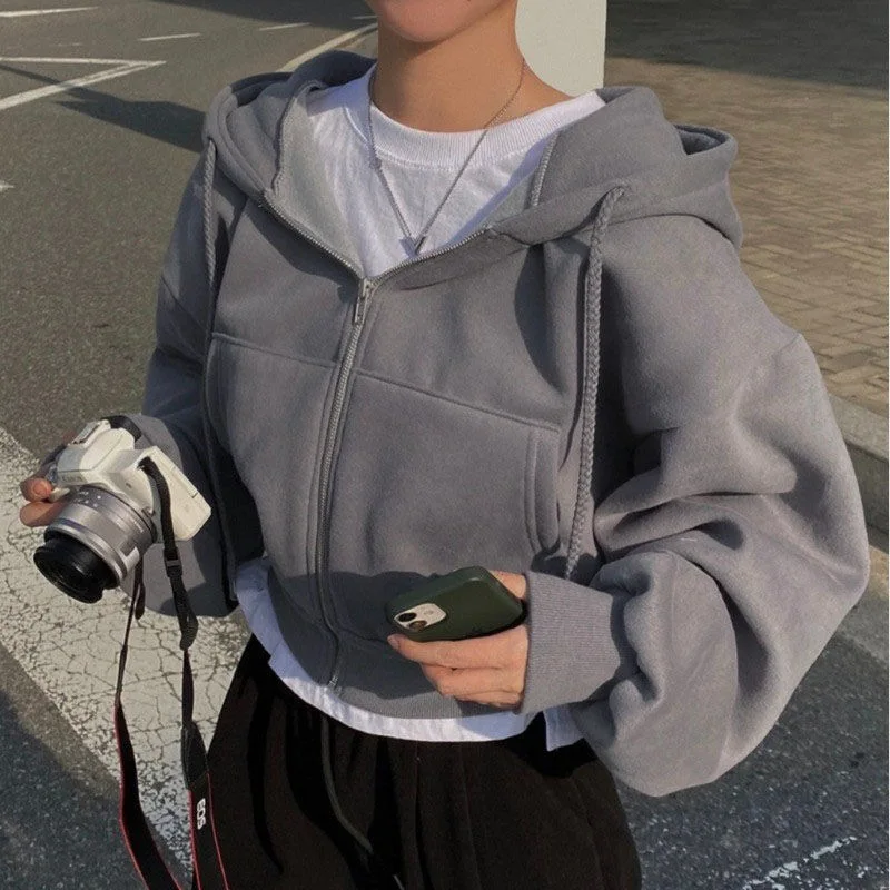 Korean Hood Shirt Women Fashion Fleece Lined Loose Hoodies Zipper Long Sleeve Crop Tops Harajuku Female Jackets Coats Sweatshirt