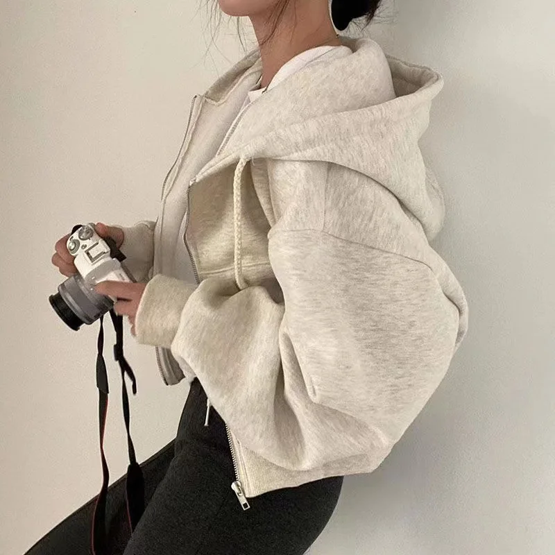 Korean Hood Shirt Women Fashion Fleece Lined Loose Hoodies Zipper Long Sleeve Crop Tops Harajuku Female Jackets Coats Sweatshirt