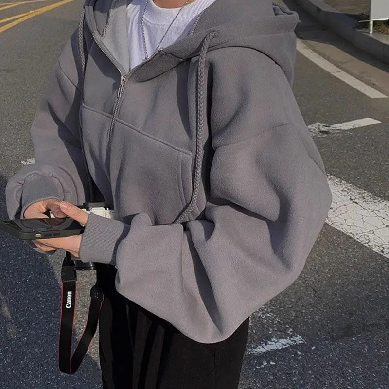 Korean Hood Shirt Women Fashion Fleece Lined Loose Hoodies Zipper Long Sleeve Crop Tops Harajuku Female Jackets Coats Sweatshirt
