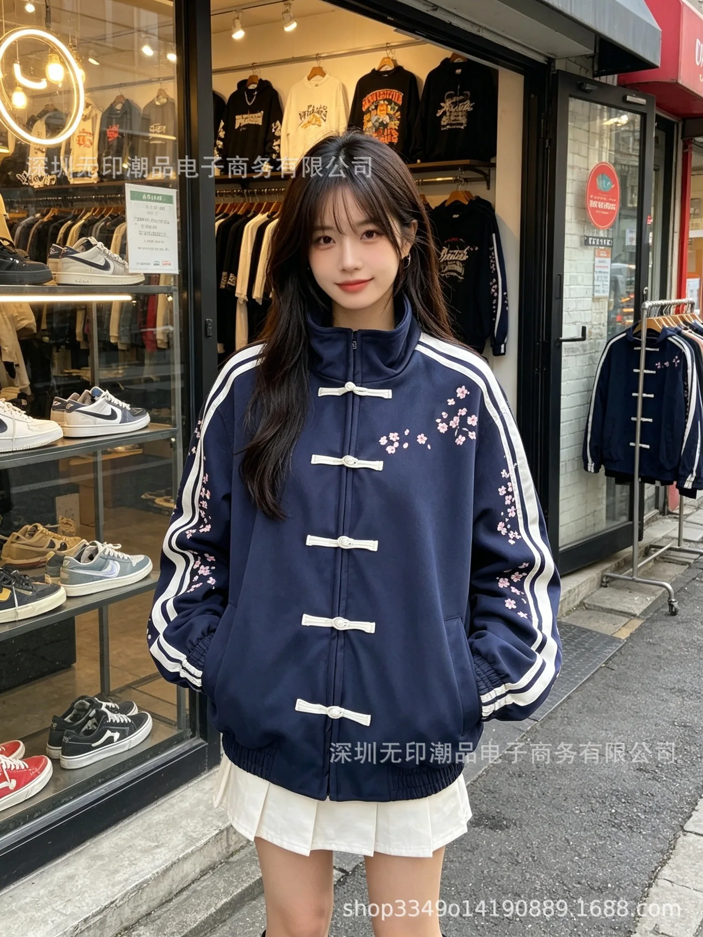 Sakura Floral Print Chinese Frog Button Jacket Women Stand Collar Side Striped Retro Track Coat Harajuku Streetwear Outerwear