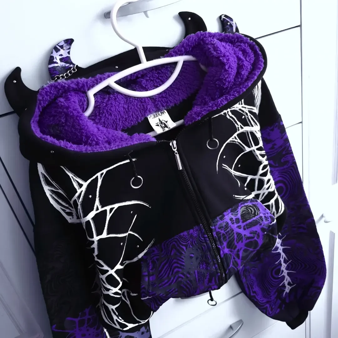 Y2K Grunge Purple Black Lightning Crackle Print Fleece Lined Cropped Zip Up Hoodie Women Hot Girl Oversized Drawstring Sherpa