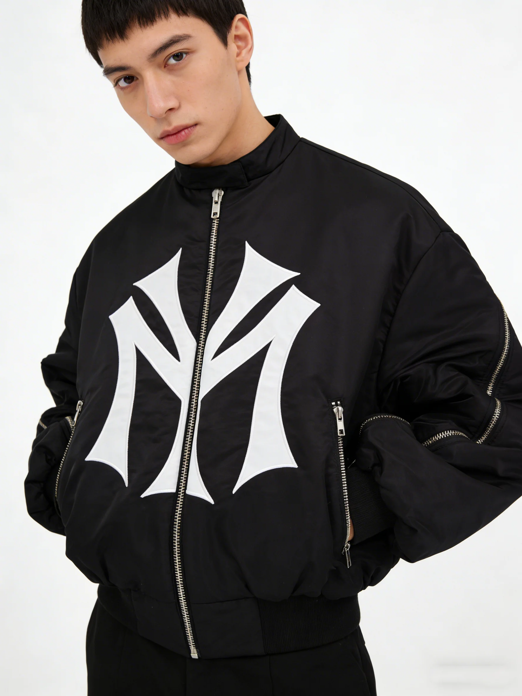 Oversized NY Graphic Er Jacket Stand Collar Multi-Zipper Detail Vintage Streetwear Padded Coat Y2K Hip-Hop Casual Moto