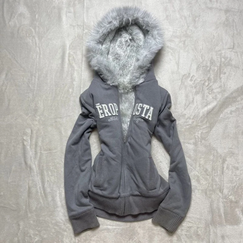 Y2K Retro Fur Collar Zipper  Hoodie Sweatshirts Women Kawaii Letter Graphic Print Tops Jacket Harajuku Gothic Sexy Slim Clothes