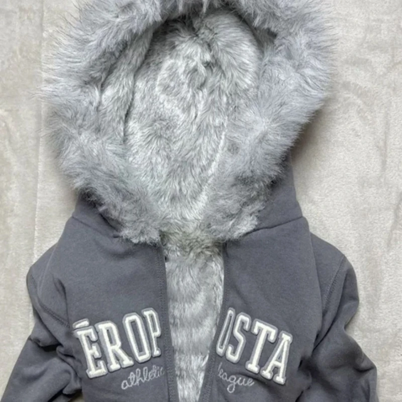 Y2K Retro Fur Collar Zipper  Hoodie Sweatshirts Women Kawaii Letter Graphic Print Tops Jacket Harajuku Gothic Sexy Slim Clothes