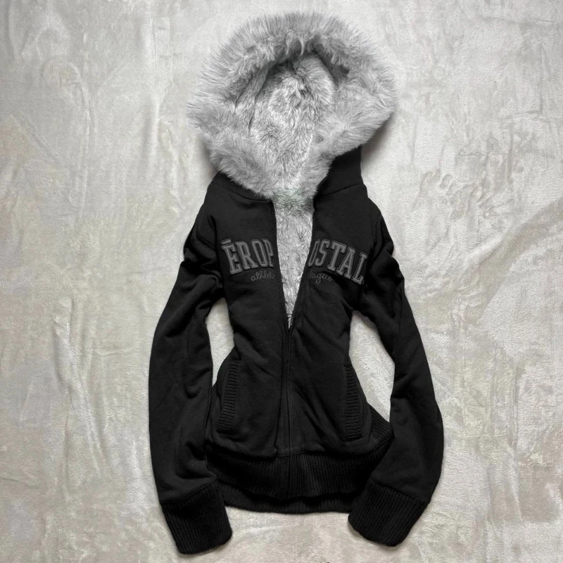 Y2K Retro Fur Collar Zipper  Hoodie Sweatshirts Women Kawaii Letter Graphic Print Tops Jacket Harajuku Gothic Sexy Slim Clothes