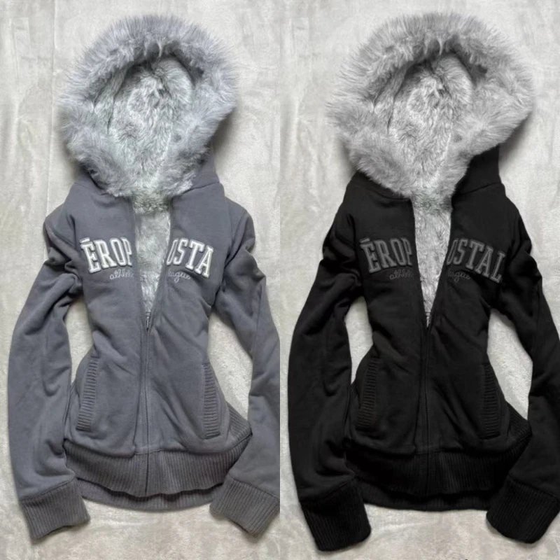 Y2K Retro Fur Collar Zipper  Hoodie Sweatshirts Women Kawaii Letter Graphic Print Tops Jacket Harajuku Gothic Sexy Slim Clothes