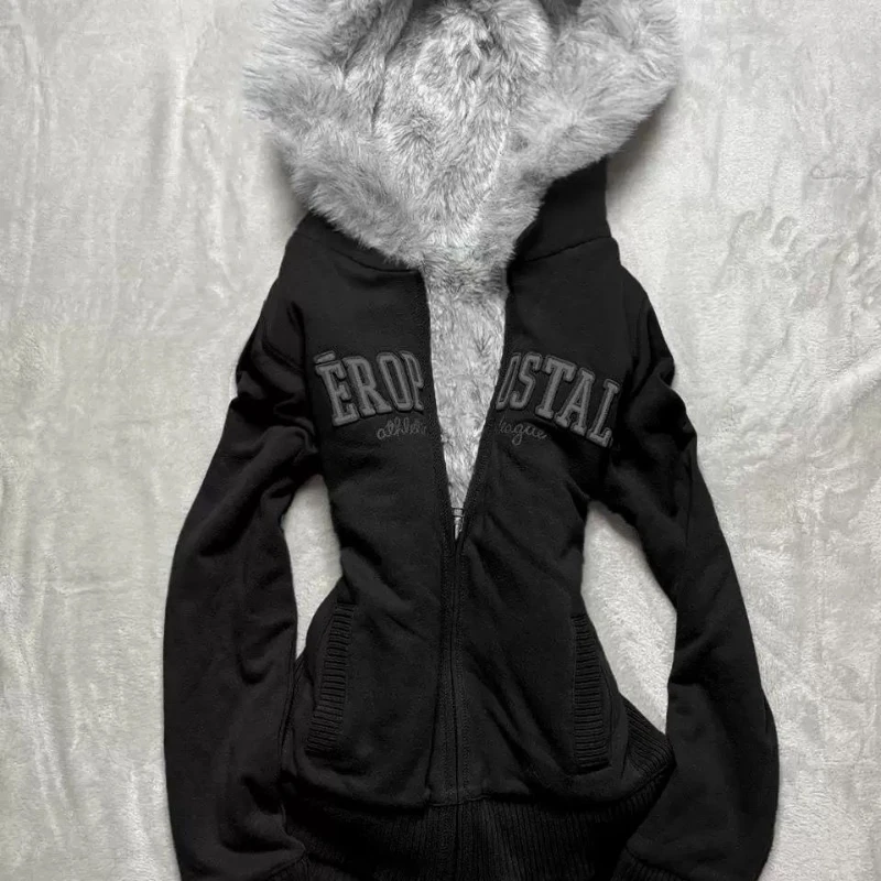 Y2K Retro Fur Collar Zipper  Hoodie Sweatshirts Women Kawaii Letter Graphic Print Tops Jacket Harajuku Gothic Sexy Slim Clothes