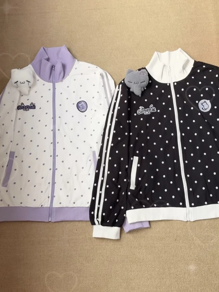 HOUZHOU Y2k White Cutecore Juminocore Polka Dot Women Zipper Hoodies Sweet Long Sleeve Japanese Style Coat Kawaii Loose Casual