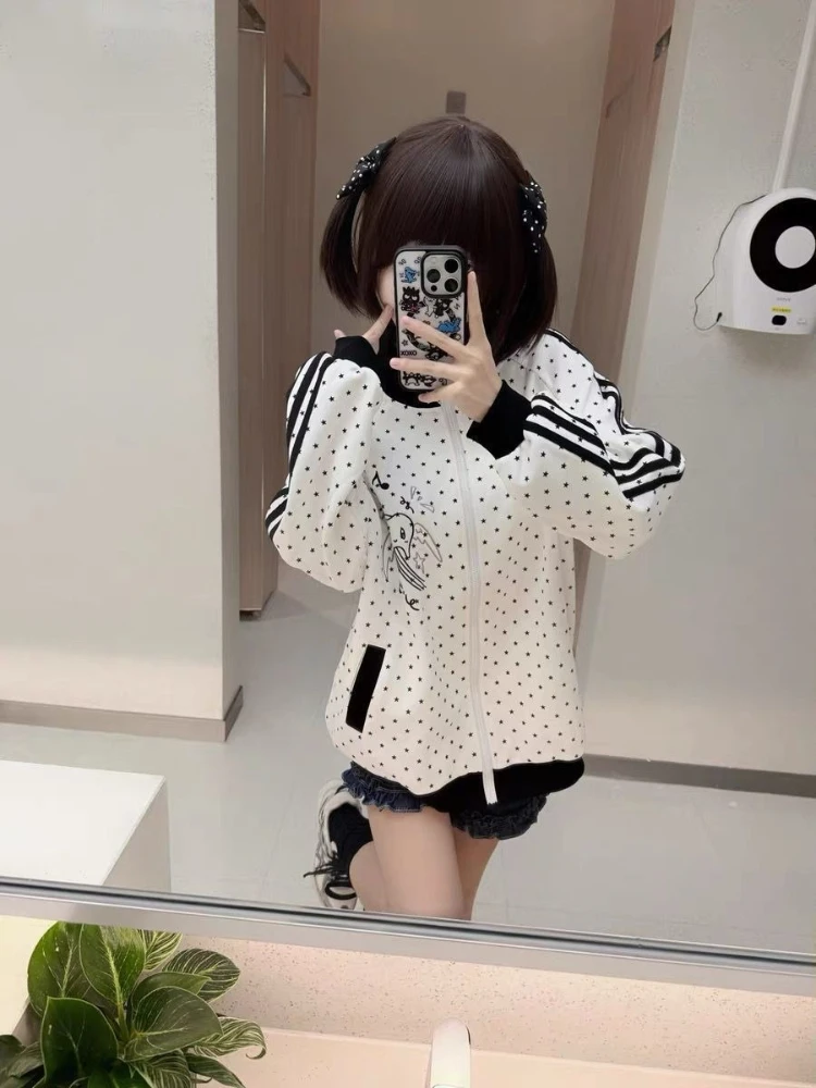 HOUZHOU Y2k White Cutecore Juminocore Polka Dot Women Zipper Hoodies Sweet Long Sleeve Japanese Style Coat Kawaii Loose Casual
