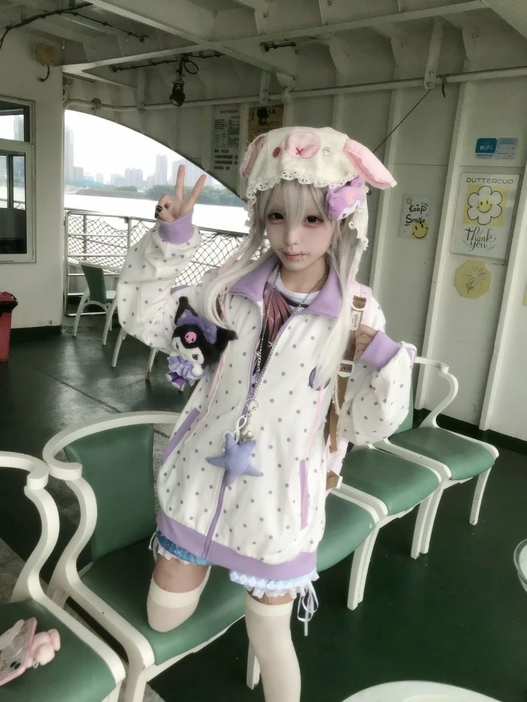 HOUZHOU Y2k White Cutecore Juminocore Polka Dot Women Zipper Hoodies Sweet Long Sleeve Japanese Style Coat Kawaii Loose Casual