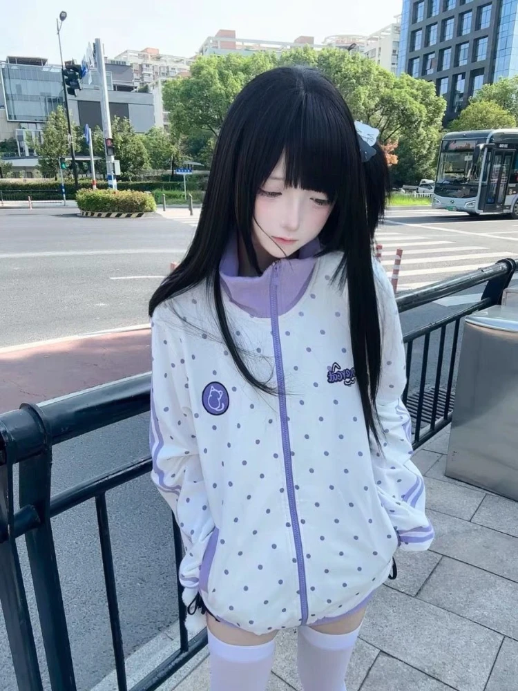HOUZHOU Y2k White Cutecore Juminocore Polka Dot Women Zipper Hoodies Sweet Long Sleeve Japanese Style Coat Kawaii Loose Casual