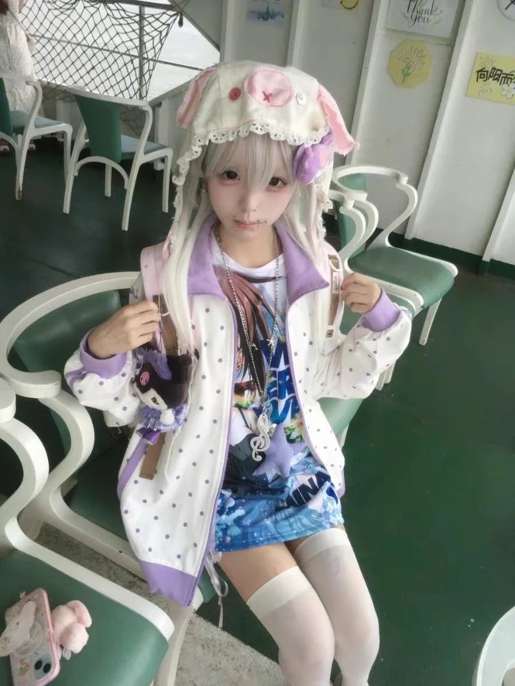 HOUZHOU Y2k White Cutecore Juminocore Polka Dot Women Zipper Hoodies Sweet Long Sleeve Japanese Style Coat Kawaii Loose Casual