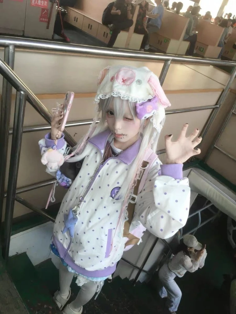 HOUZHOU Y2k White Cutecore Juminocore Polka Dot Women Zipper Hoodies Sweet Long Sleeve Japanese Style Coat Kawaii Loose Casual