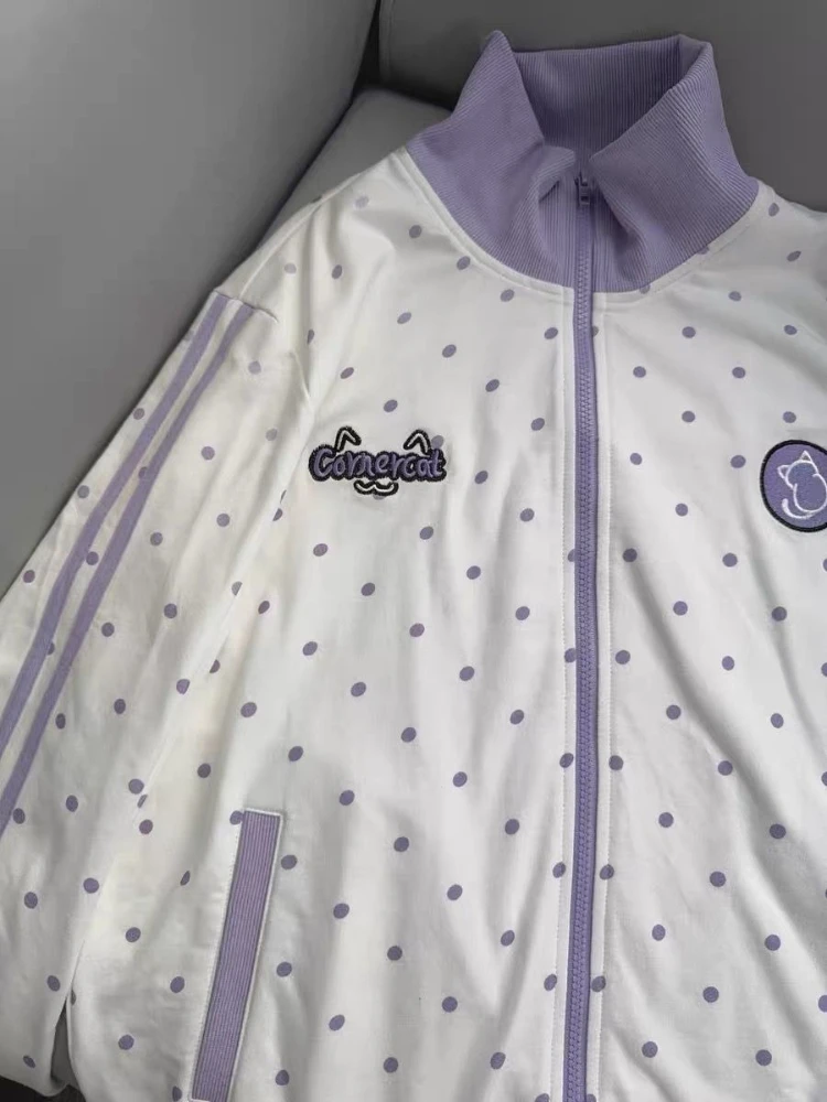 HOUZHOU Y2k White Cutecore Juminocore Polka Dot Women Zipper Hoodies Sweet Long Sleeve Japanese Style Coat Kawaii Loose Casual