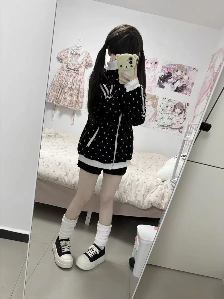 HOUZHOU Y2k White Cutecore Juminocore Polka Dot Women Zipper Hoodies Sweet Long Sleeve Japanese Style Coat Kawaii Loose Casual
