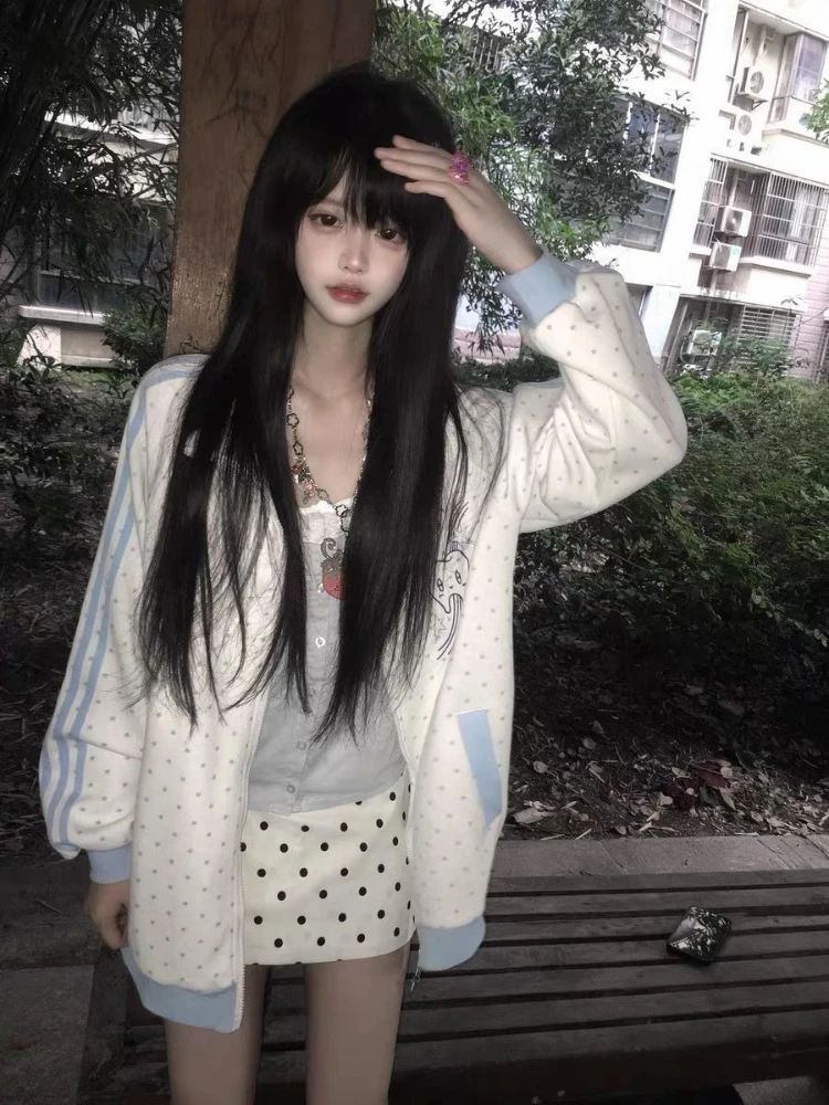 HOUZHOU Y2k White Cutecore Juminocore Polka Dot Women Zipper Hoodies Sweet Long Sleeve Japanese Style Coat Kawaii Loose Casual
