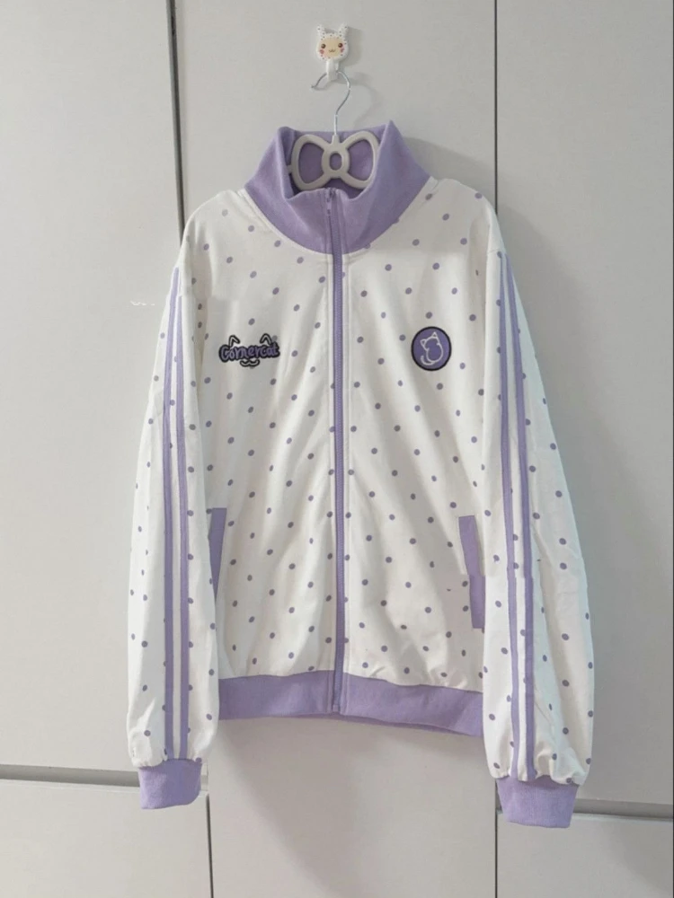HOUZHOU Y2k White Cutecore Juminocore Polka Dot Women Zipper Hoodies Sweet Long Sleeve Japanese Style Coat Kawaii Loose Casual