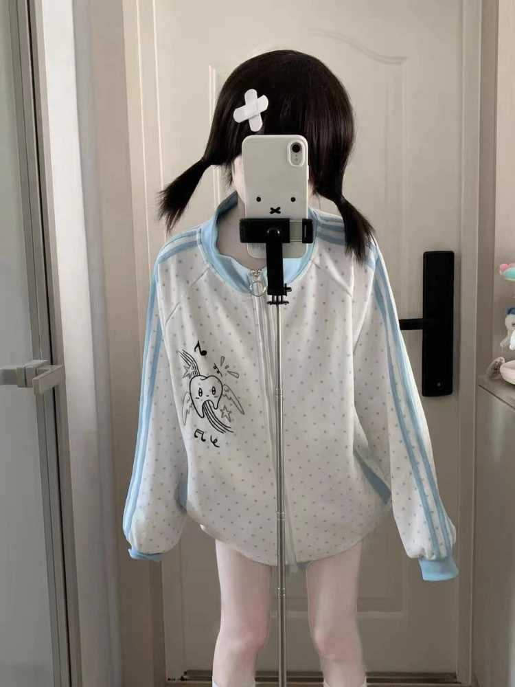 HOUZHOU Y2k White Cutecore Juminocore Polka Dot Women Zipper Hoodies Sweet Long Sleeve Japanese Style Coat Kawaii Loose Casual
