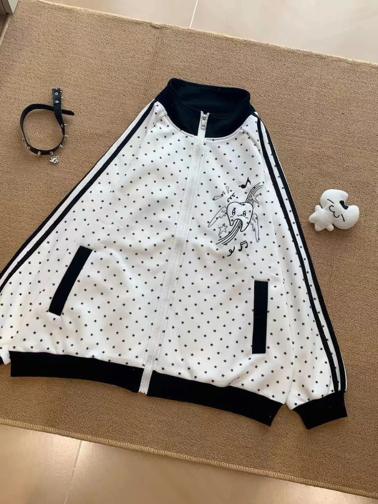 HOUZHOU Y2k White Cutecore Juminocore Polka Dot Women Zipper Hoodies Sweet Long Sleeve Japanese Style Coat Kawaii Loose Casual