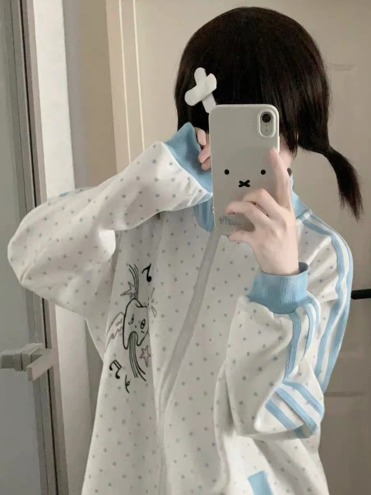 HOUZHOU Y2k White Cutecore Juminocore Polka Dot Women Zipper Hoodies Sweet Long Sleeve Japanese Style Coat Kawaii Loose Casual