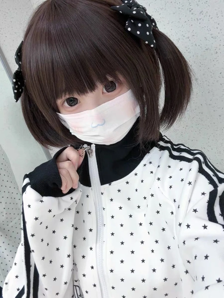 HOUZHOU Y2k White Cutecore Juminocore Polka Dot Women Zipper Hoodies Sweet Long Sleeve Japanese Style Coat Kawaii Loose Casual