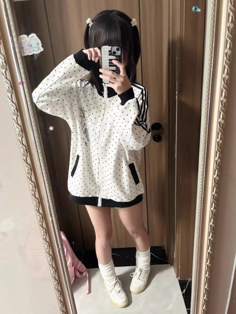 HOUZHOU Y2k White Cutecore Juminocore Polka Dot Women Zipper Hoodies Sweet Long Sleeve Japanese Style Coat Kawaii Loose Casual