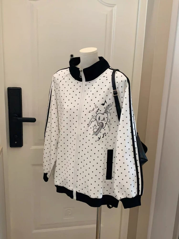 HOUZHOU Y2k White Cutecore Juminocore Polka Dot Women Zipper Hoodies Sweet Long Sleeve Japanese Style Coat Kawaii Loose Casual