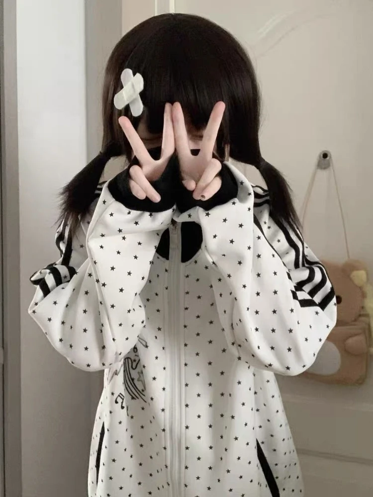 HOUZHOU Y2k White Cutecore Juminocore Polka Dot Women Zipper Hoodies Sweet Long Sleeve Japanese Style Coat Kawaii Loose Casual