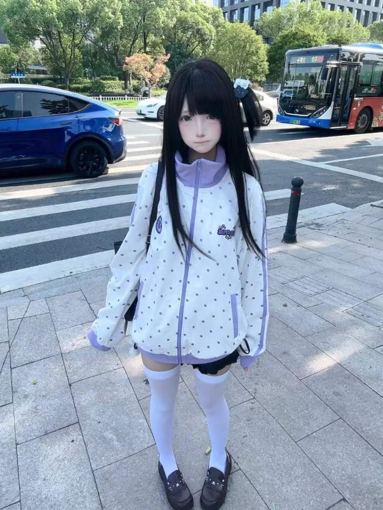 HOUZHOU Y2k White Cutecore Juminocore Polka Dot Women Zipper Hoodies Sweet Long Sleeve Japanese Style Coat Kawaii Loose Casual
