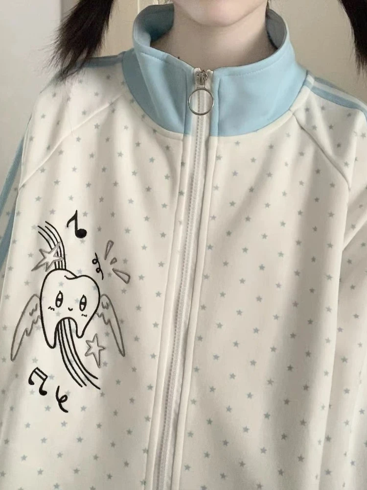 HOUZHOU Y2k White Cutecore Juminocore Polka Dot Women Zipper Hoodies Sweet Long Sleeve Japanese Style Coat Kawaii Loose Casual