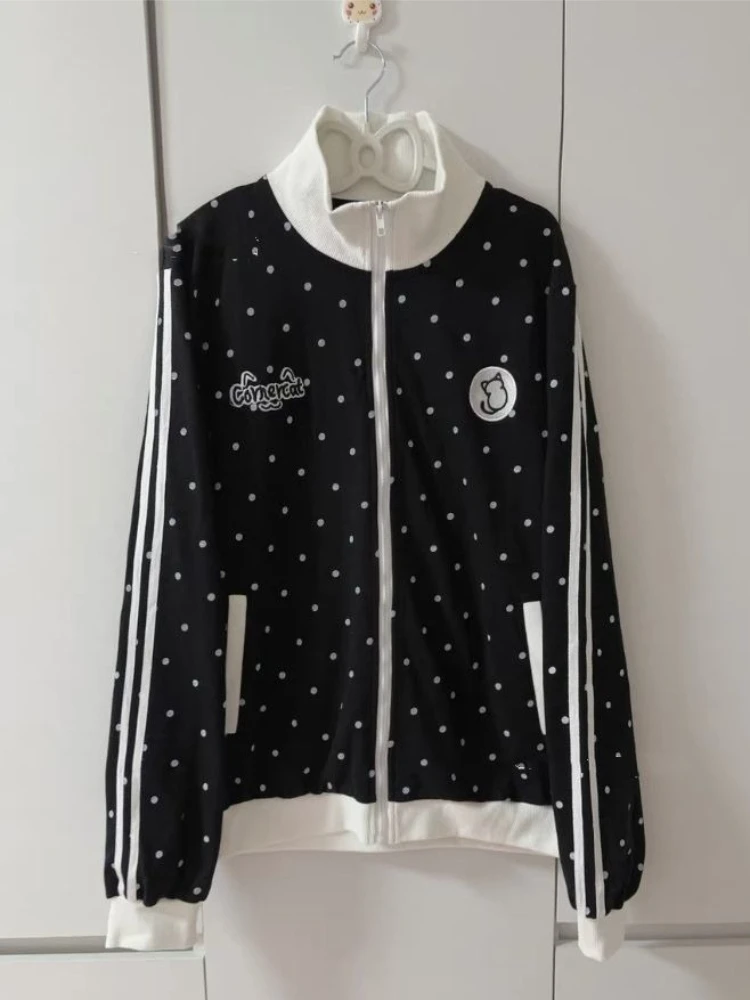 HOUZHOU Y2k White Cutecore Juminocore Polka Dot Women Zipper Hoodies Sweet Long Sleeve Japanese Style Coat Kawaii Loose Casual