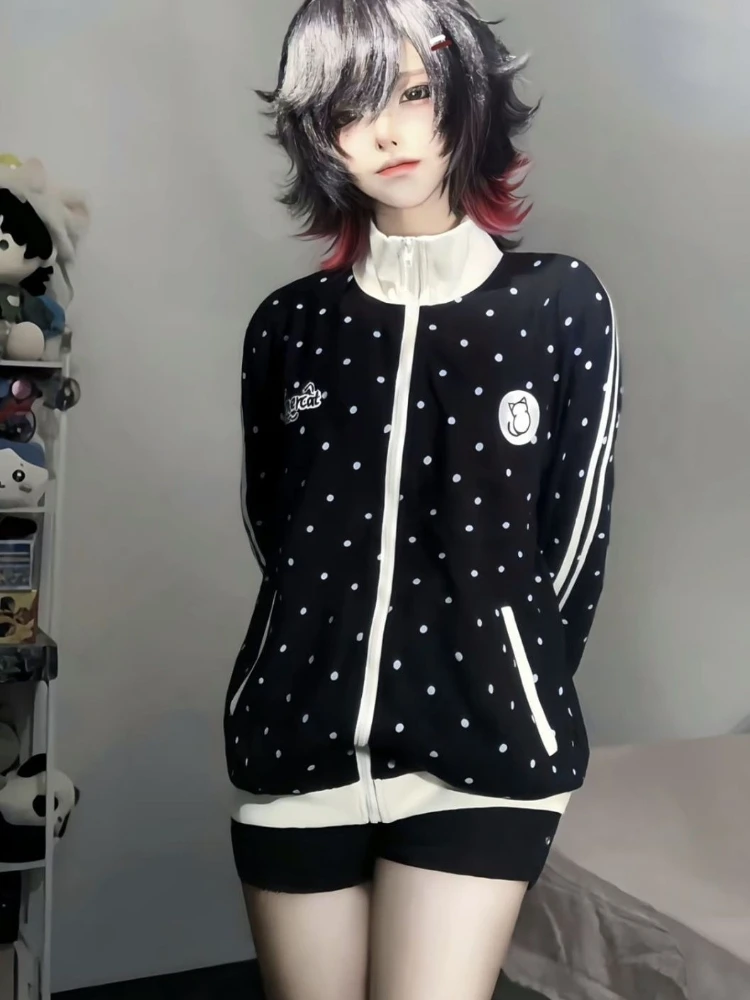 HOUZHOU Y2k White Cutecore Juminocore Polka Dot Women Zipper Hoodies Sweet Long Sleeve Japanese Style Coat Kawaii Loose Casual