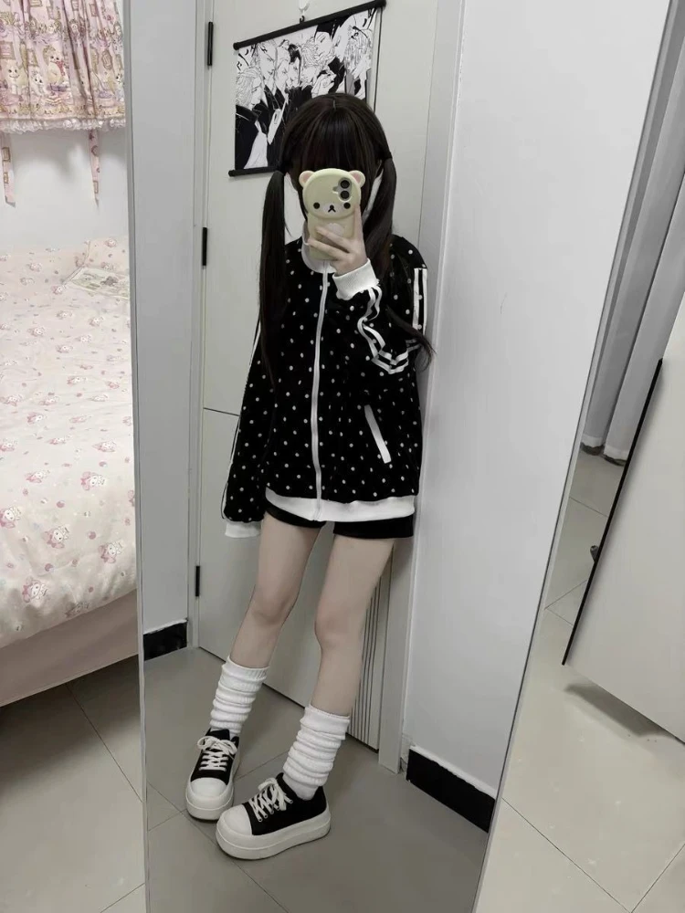HOUZHOU Y2k White Cutecore Juminocore Polka Dot Women Zipper Hoodies Sweet Long Sleeve Japanese Style Coat Kawaii Loose Casual