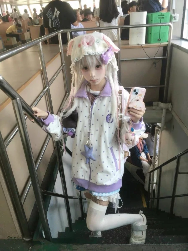 HOUZHOU Y2k White Cutecore Juminocore Polka Dot Women Zipper Hoodies Sweet Long Sleeve Japanese Style Coat Kawaii Loose Casual