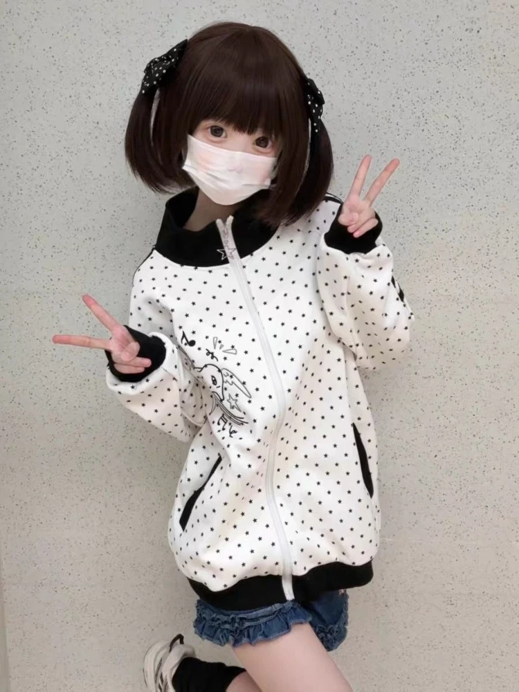 HOUZHOU Y2k White Cutecore Juminocore Polka Dot Women Zipper Hoodies Sweet Long Sleeve Japanese Style Coat Kawaii Loose Casual