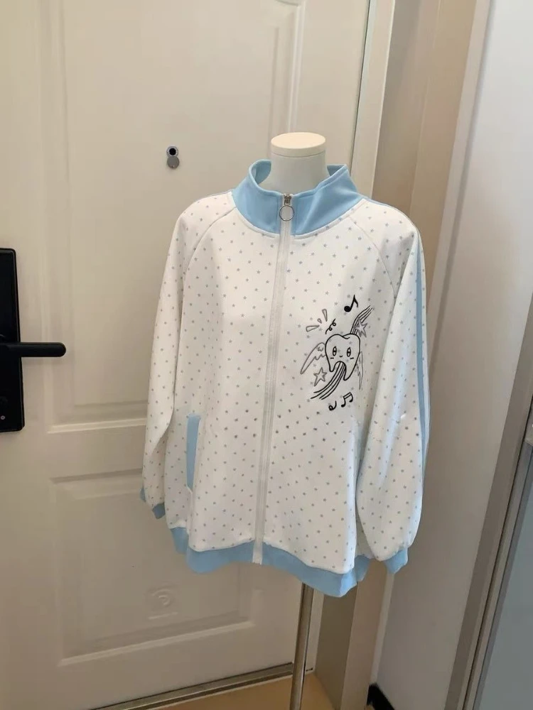 HOUZHOU Y2k White Cutecore Juminocore Polka Dot Women Zipper Hoodies Sweet Long Sleeve Japanese Style Coat Kawaii Loose Casual