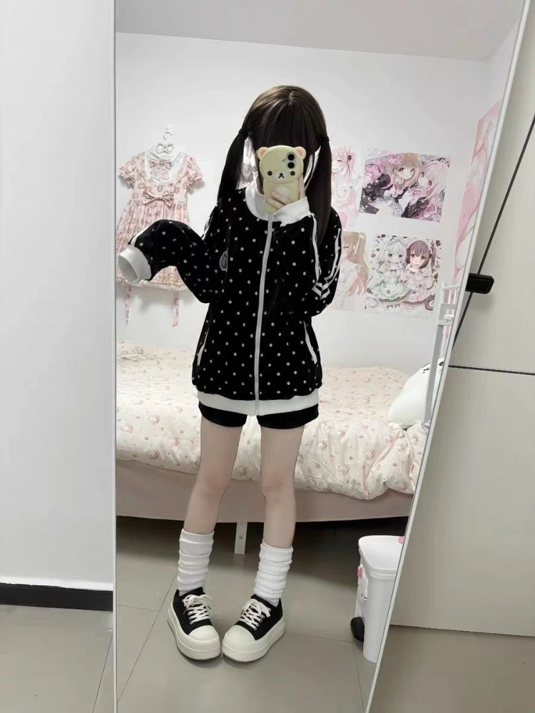 HOUZHOU Y2k White Cutecore Juminocore Polka Dot Women Zipper Hoodies Sweet Long Sleeve Japanese Style Coat Kawaii Loose Casual