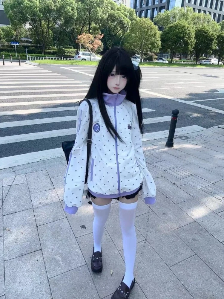 HOUZHOU Y2k White Cutecore Juminocore Polka Dot Women Zipper Hoodies Sweet Long Sleeve Japanese Style Coat Kawaii Loose Casual