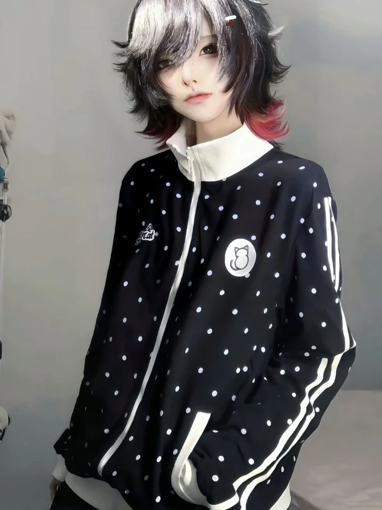 HOUZHOU Y2k White Cutecore Juminocore Polka Dot Women Zipper Hoodies Sweet Long Sleeve Japanese Style Coat Kawaii Loose Casual