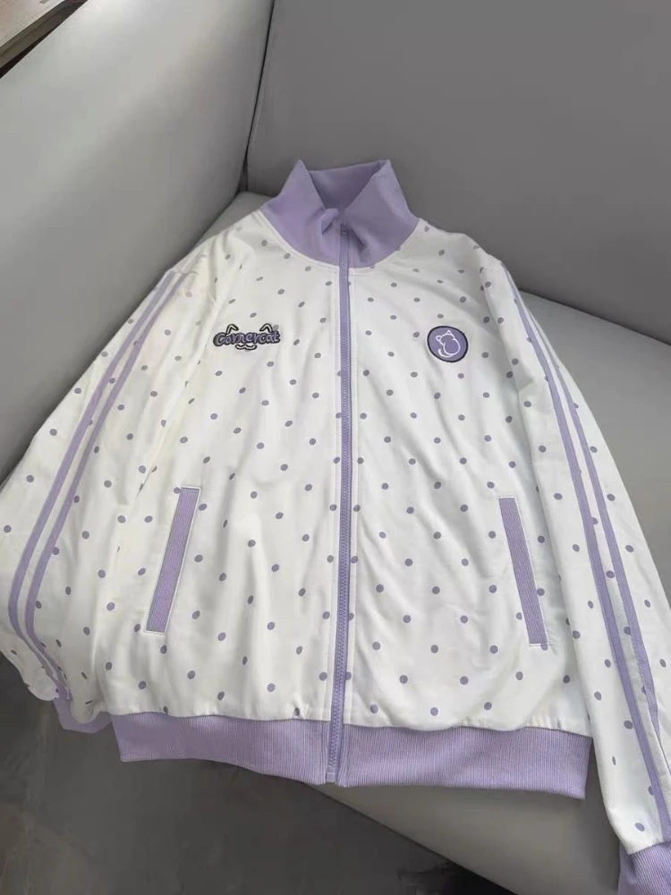 HOUZHOU Y2k White Cutecore Juminocore Polka Dot Women Zipper Hoodies Sweet Long Sleeve Japanese Style Coat Kawaii Loose Casual
