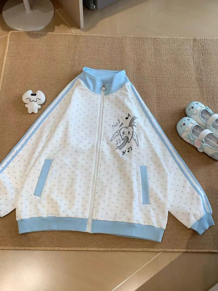 HOUZHOU Y2k White Cutecore Juminocore Polka Dot Women Zipper Hoodies Sweet Long Sleeve Japanese Style Coat Kawaii Loose Casual