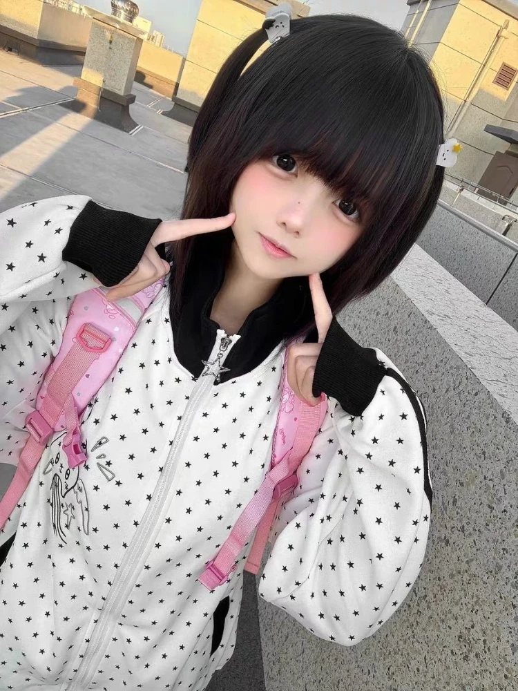 HOUZHOU Y2k White Cutecore Juminocore Polka Dot Women Zipper Hoodies Sweet Long Sleeve Japanese Style Coat Kawaii Loose Casual