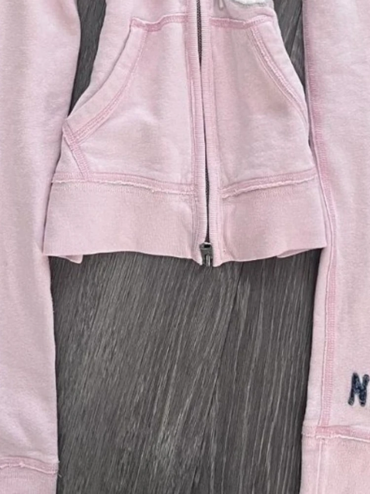 American Vintage Pink Furry Hoodie Women Y2K Harajuku Faux Fur Collar Jacket Fashion Slim Waist Belted Hot Girl Sweatshirt New