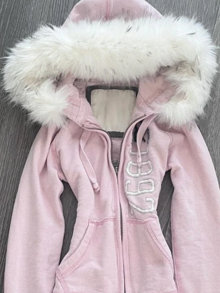 American Vintage Pink Furry Hoodie Women Y2K Harajuku Faux Fur Collar Jacket Fashion Slim Waist Belted Hot Girl Sweatshirt New