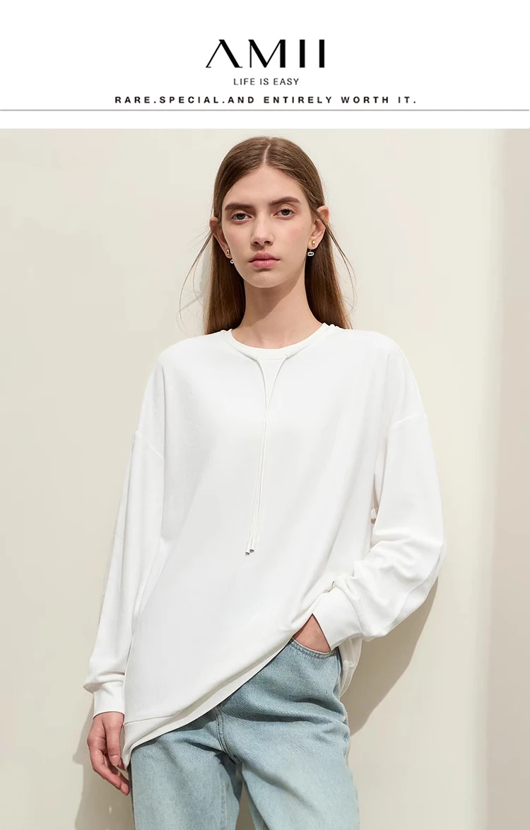 AMII Minimalist Sporty Hoodies for Women 2024 Autumn New Loose Cozy Bottom Shirt Trendy Crewneck Draw String Pullovers 12421006
