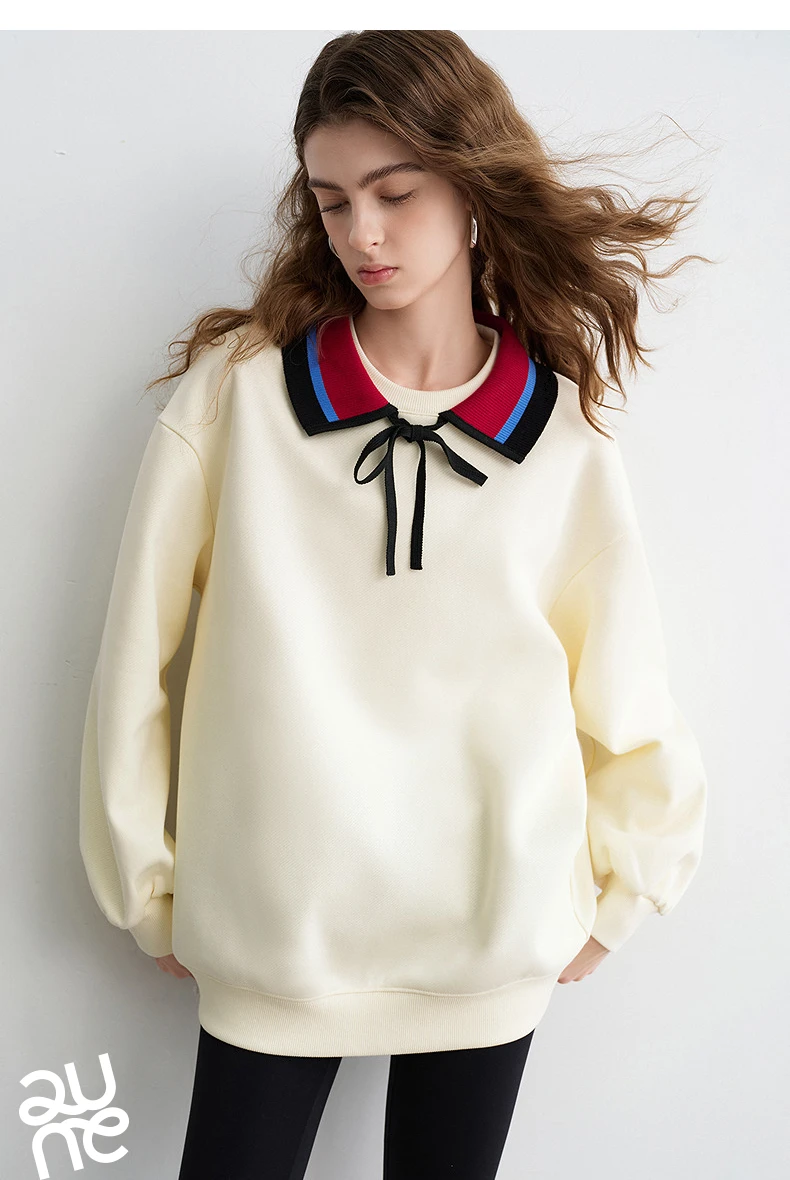 TOYOUTH Women Sweatshirts 2026 Spring New Cotton Knit Striped Turn-Down Collar Loose Fit Niche Stylish Tops