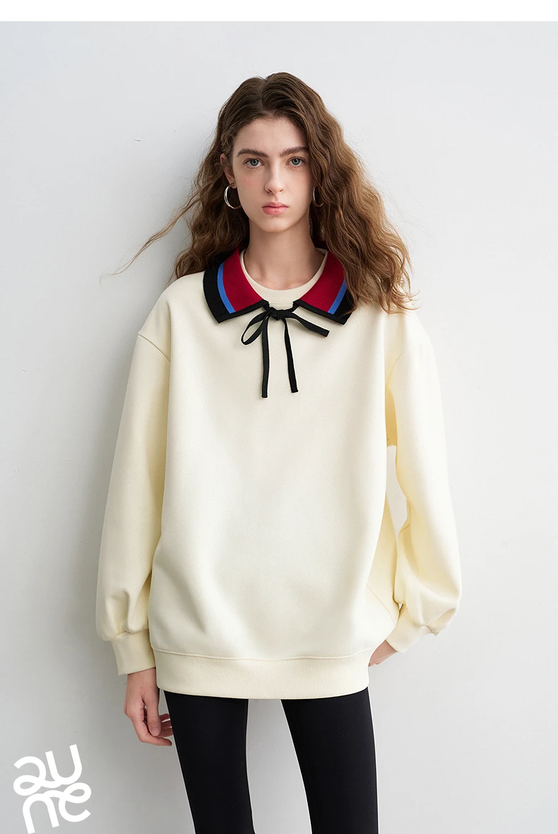 TOYOUTH Women Sweatshirts 2026 Spring New Cotton Knit Striped Turn-Down Collar Loose Fit Niche Stylish Tops