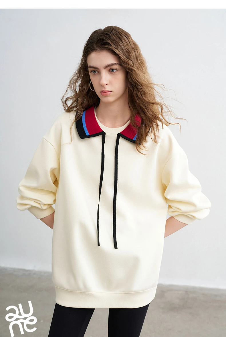 TOYOUTH Women Sweatshirts 2026 Spring New Cotton Knit Striped Turn-Down Collar Loose Fit Niche Stylish Tops