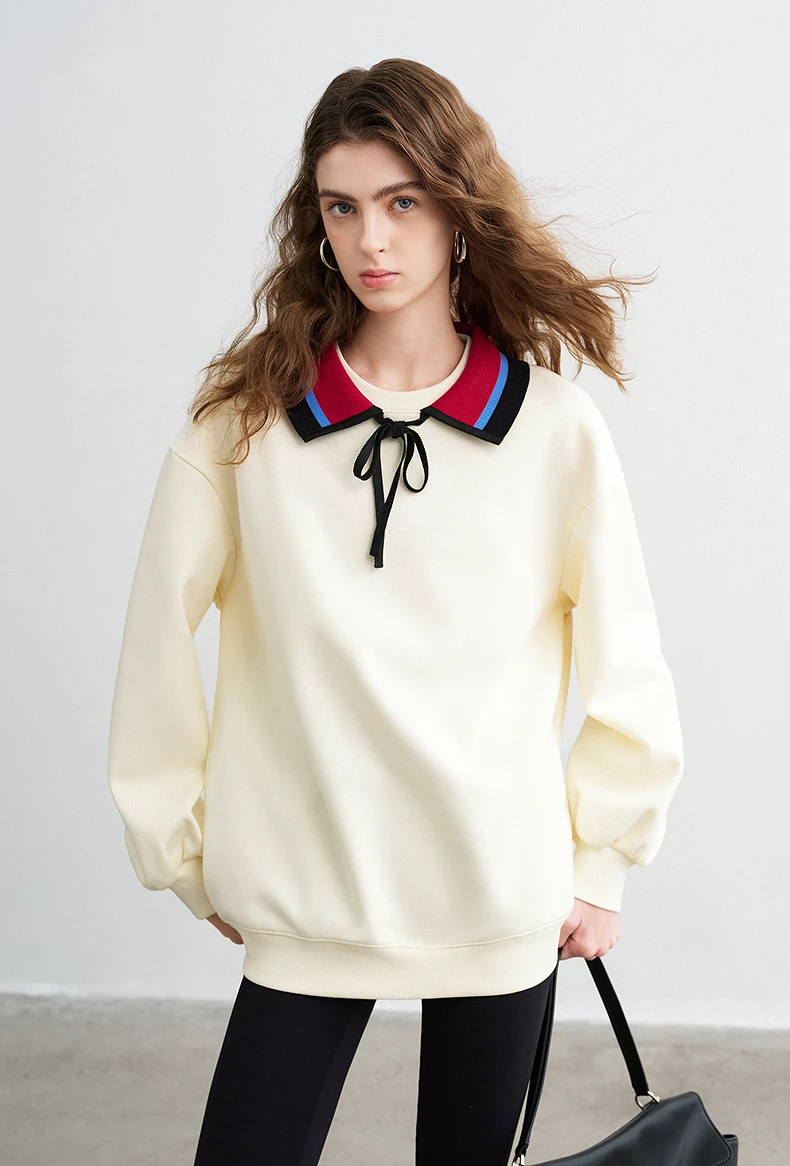 TOYOUTH Women Sweatshirts 2026 Spring New Cotton Knit Striped Turn-Down Collar Loose Fit Niche Stylish Tops