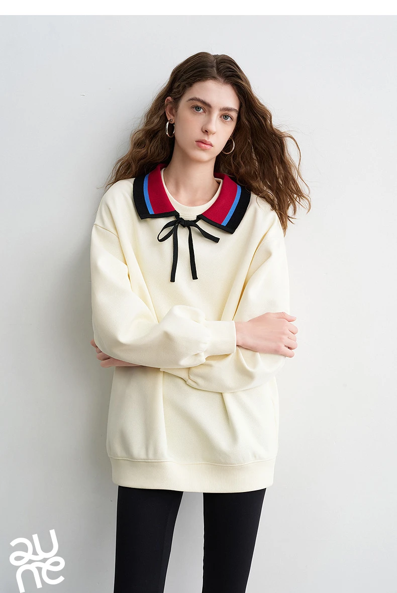 TOYOUTH Women Sweatshirts 2026 Spring New Cotton Knit Striped Turn-Down Collar Loose Fit Niche Stylish Tops